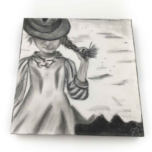 Zwart-wit schilderij vrouw met hoed